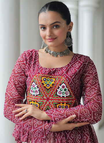 Gota Patti Work Beige Lehenga With Bandhani Printed Maroon Kediya